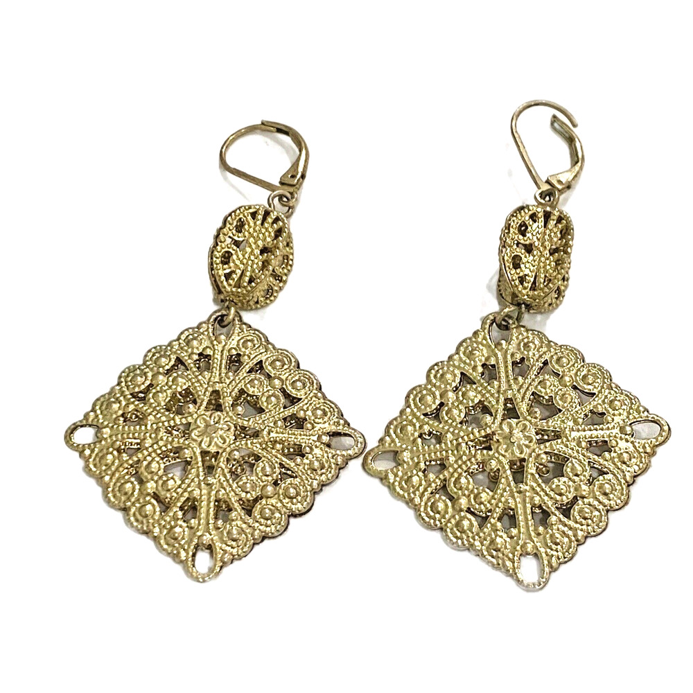 Vintage 1970s Pierced Earrings Gold Filigree Drop Dangle Mod Designer Look
